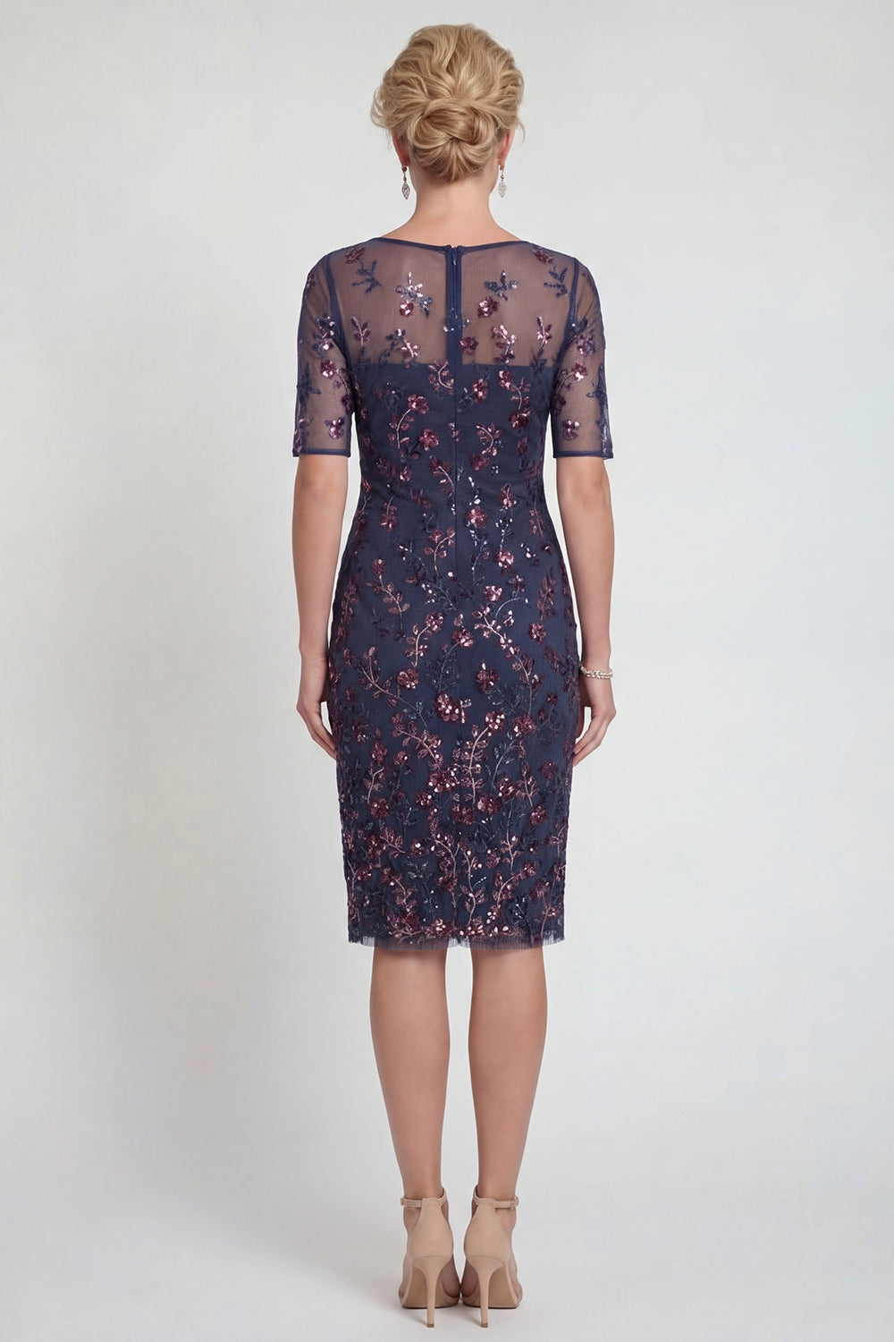 Zapaka Women Sparkly Burgundy Midi Mother of the Bride Dress with Sequins Sheath Boat Neck Wedding Guest Dress with Short Sleeves, Navy / US16