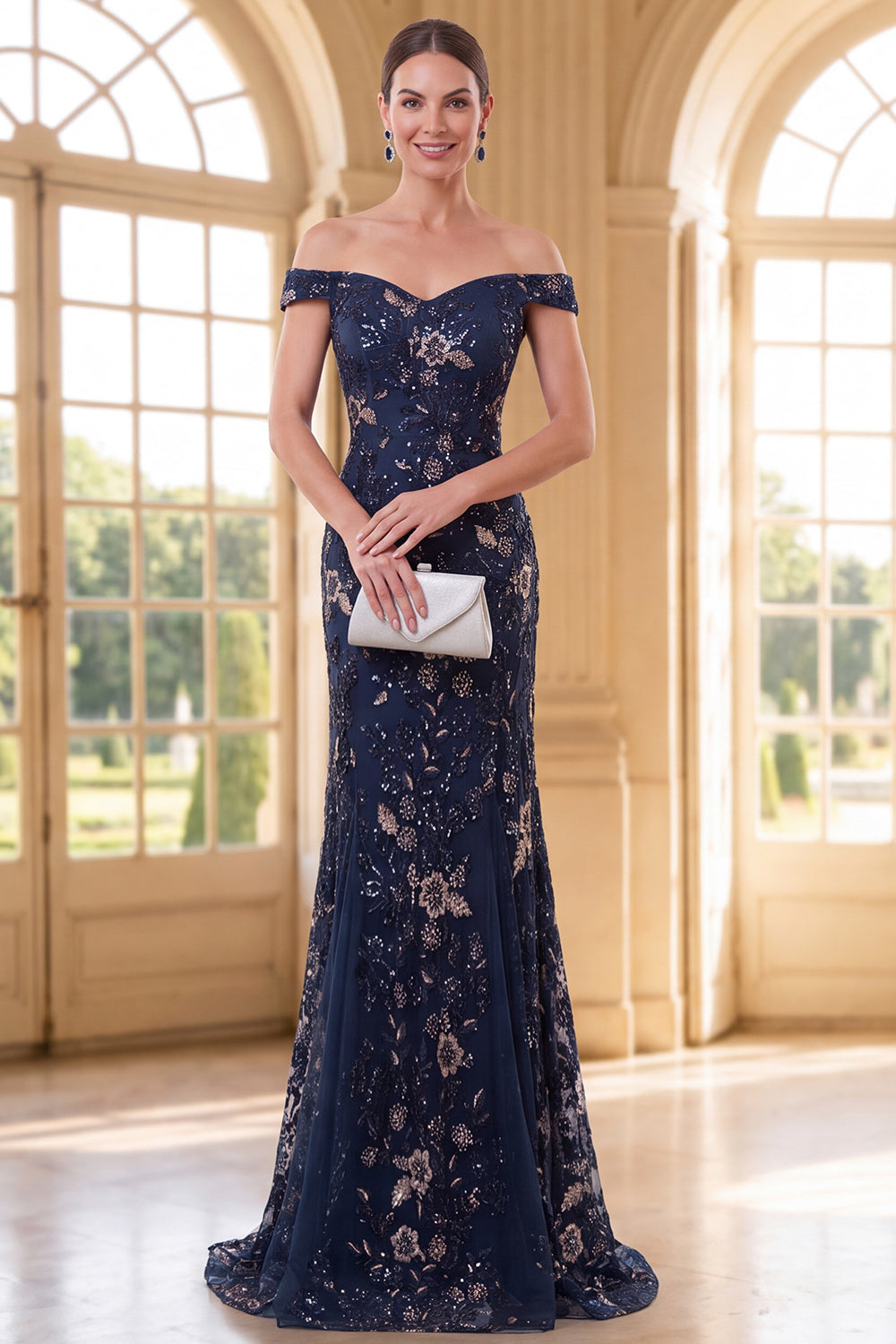 Sparkly Navy Long Mermaid Floral Lace Mother of the Bride Dress