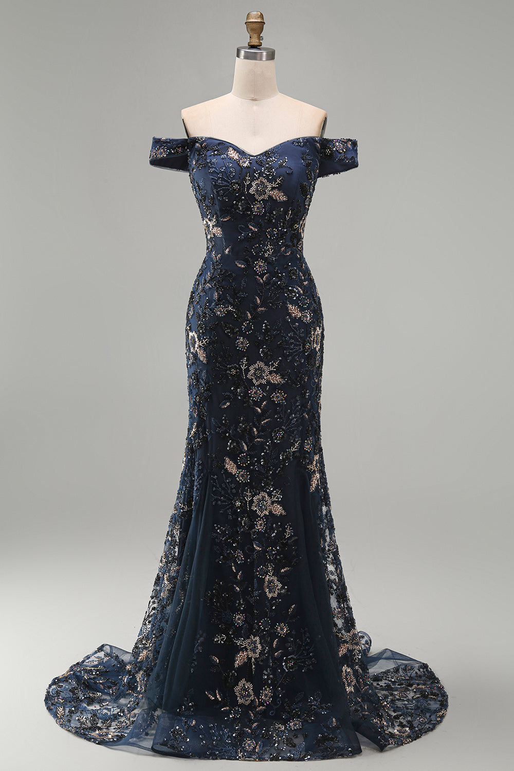 Sparkly Navy Long Mermaid Floral Lace Mother of the Bride Dress