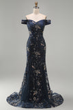 Sparkly Navy Long Mermaid Floral Lace Mother of the Bride Dress