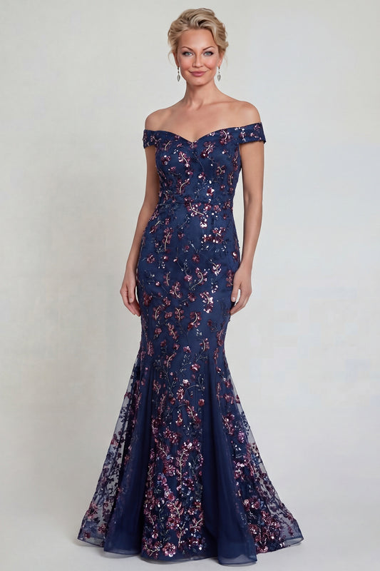 Sparkly Navy Long Mermaid Floral Lace Mother of the Bride Dress