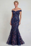 Sparkly Navy Long Mermaid Floral Lace Mother of the Bride Dress