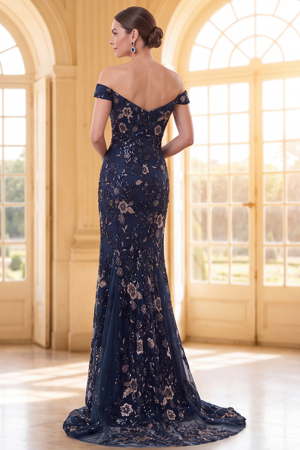 Sparkly Navy Long Mermaid Floral Lace Mother of the Bride Dress