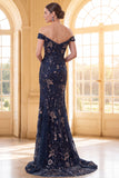 Sparkly Navy Long Mermaid Floral Lace Mother of the Bride Dress
