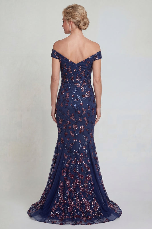 Sparkly Navy Long Mermaid Floral Lace Mother of the Bride Dress