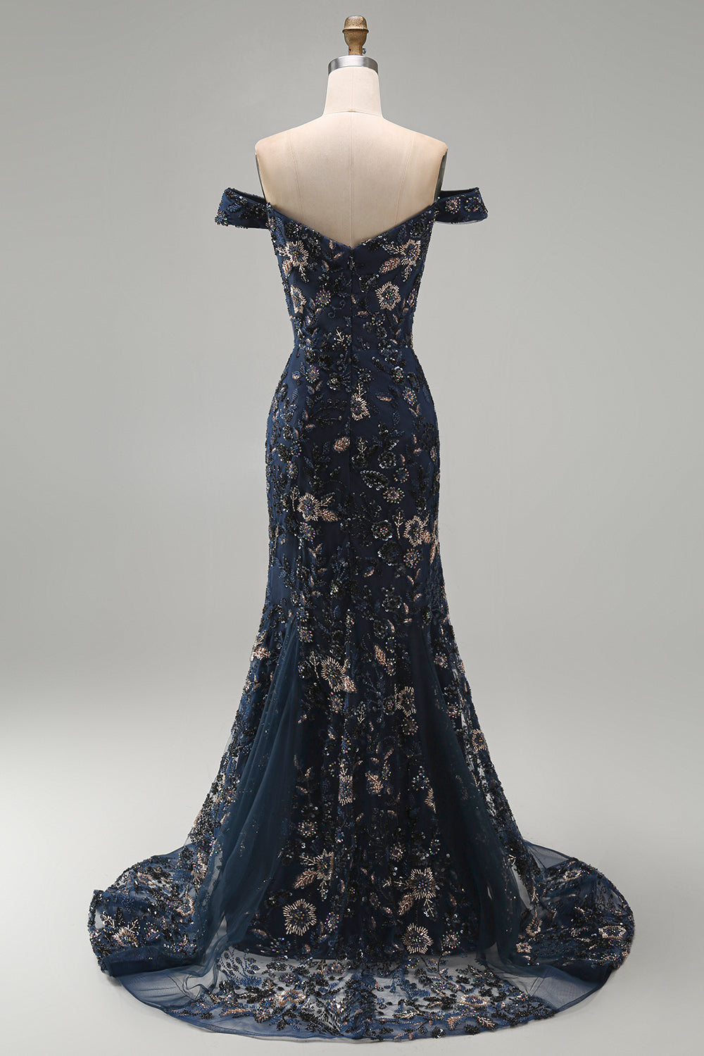 Sparkly Navy Long Mermaid Floral Lace Mother of the Bride Dress