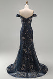Sparkly Navy Long Mermaid Floral Lace Mother of the Bride Dress