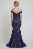 Sparkly Navy Long Mermaid Floral Lace Mother of the Bride Dress