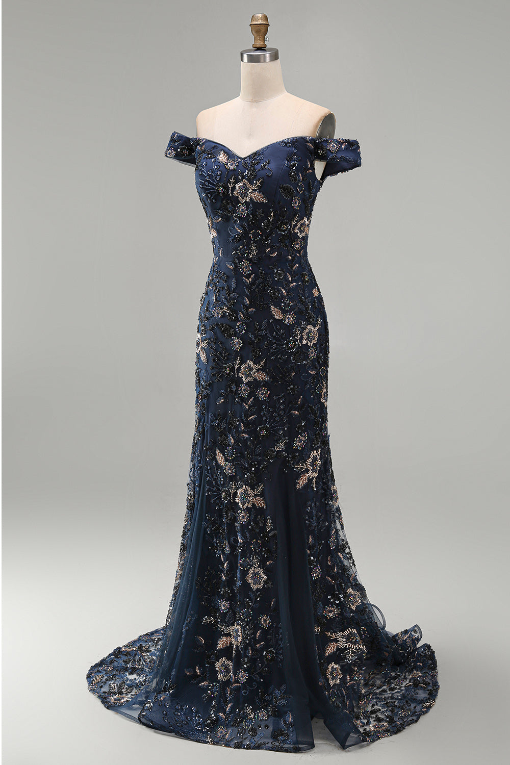 Sparkly Navy Long Mermaid Floral Lace Mother of the Bride Dress
