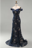 Sparkly Navy Long Mermaid Floral Lace Mother of the Bride Dress