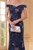 Sparkly Navy Long Mermaid Floral Lace Mother of the Bride Dress