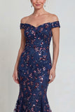 Sparkly Navy Long Mermaid Floral Lace Mother of the Bride Dress