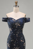 Sparkly Navy Long Mermaid Floral Lace Mother of the Bride Dress