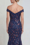 Sparkly Navy Long Mermaid Floral Lace Mother of the Bride Dress