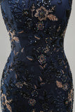 Sparkly Navy Long Mermaid Floral Lace Mother of the Bride Dress
