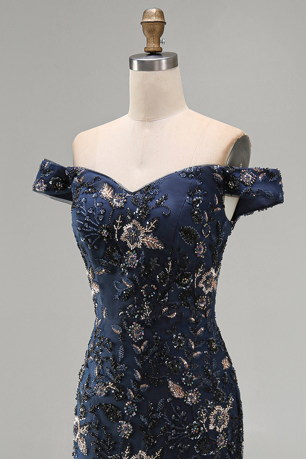 Sparkly Navy Long Mermaid Floral Lace Mother of the Bride Dress