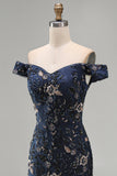 Sparkly Navy Long Mermaid Floral Lace Mother of the Bride Dress