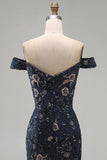 Sparkly Navy Long Mermaid Floral Lace Mother of the Bride Dress