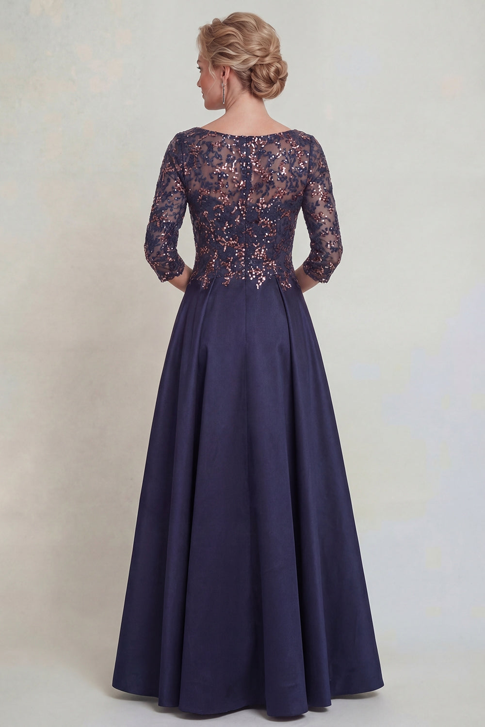 Sparkly Navy Scoop Neck Long A Line Mother of the Bride Dress with Lace
