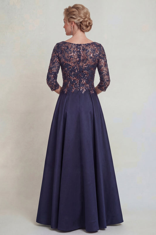 Sparkly Navy Scoop Neck Long A Line Mother of the Bride Dress with Lace