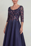 Sparkly Navy Scoop Neck Long A Line Mother of the Bride Dress with Lace