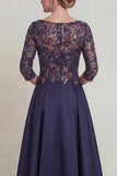 Sparkly Navy Scoop Neck Long A Line Mother of the Bride Dress with Lace