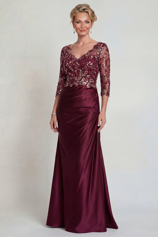 Sparkly Burgundy Long Floral Mermaid V Neck Mother of the Bride Dress