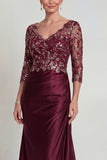 Sparkly Burgundy Long Floral Mermaid V Neck Mother of the Bride Dress