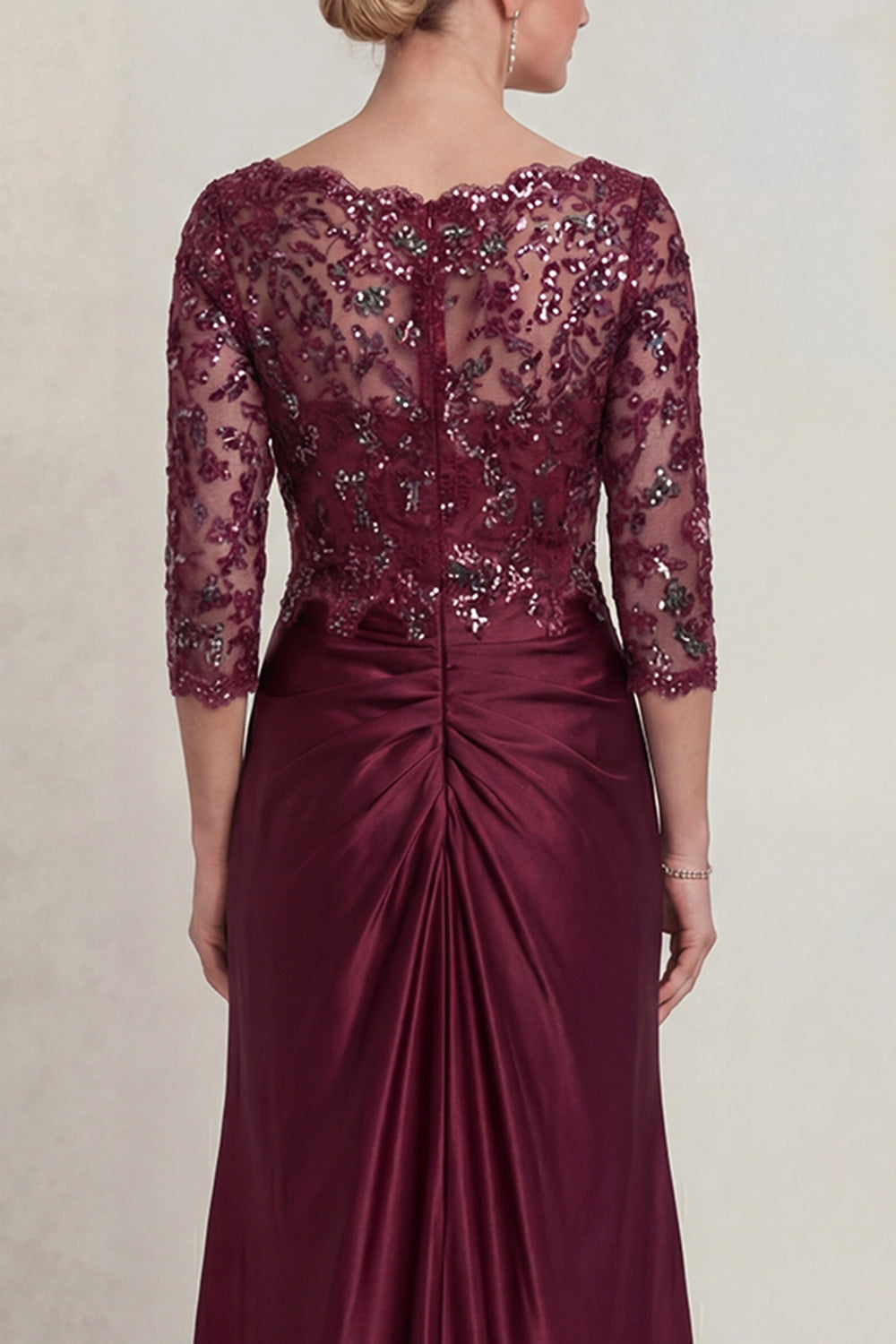 Zapaka Women Burgundy Mermaid Mother of the Bride Dress with Sequins V Neck Satin Long Wedding Guest Dress with 3/4 Sleeves, Burgundy / UK28