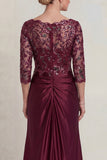 Sparkly Burgundy Long Floral Mermaid V Neck Mother of the Bride Dress