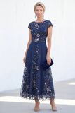 Sparkly Navy Midi A Line Boat Neck Floral Mother of the Bride Dress
