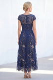 Sparkly Navy Midi A Line Boat Neck Floral Mother of the Bride Dress