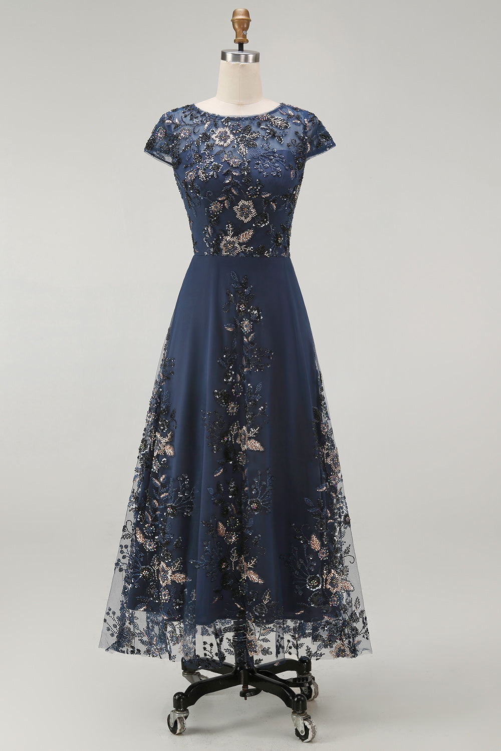 Sparkly Navy Midi A Line Boat Neck Floral Mother of the Bride Dress