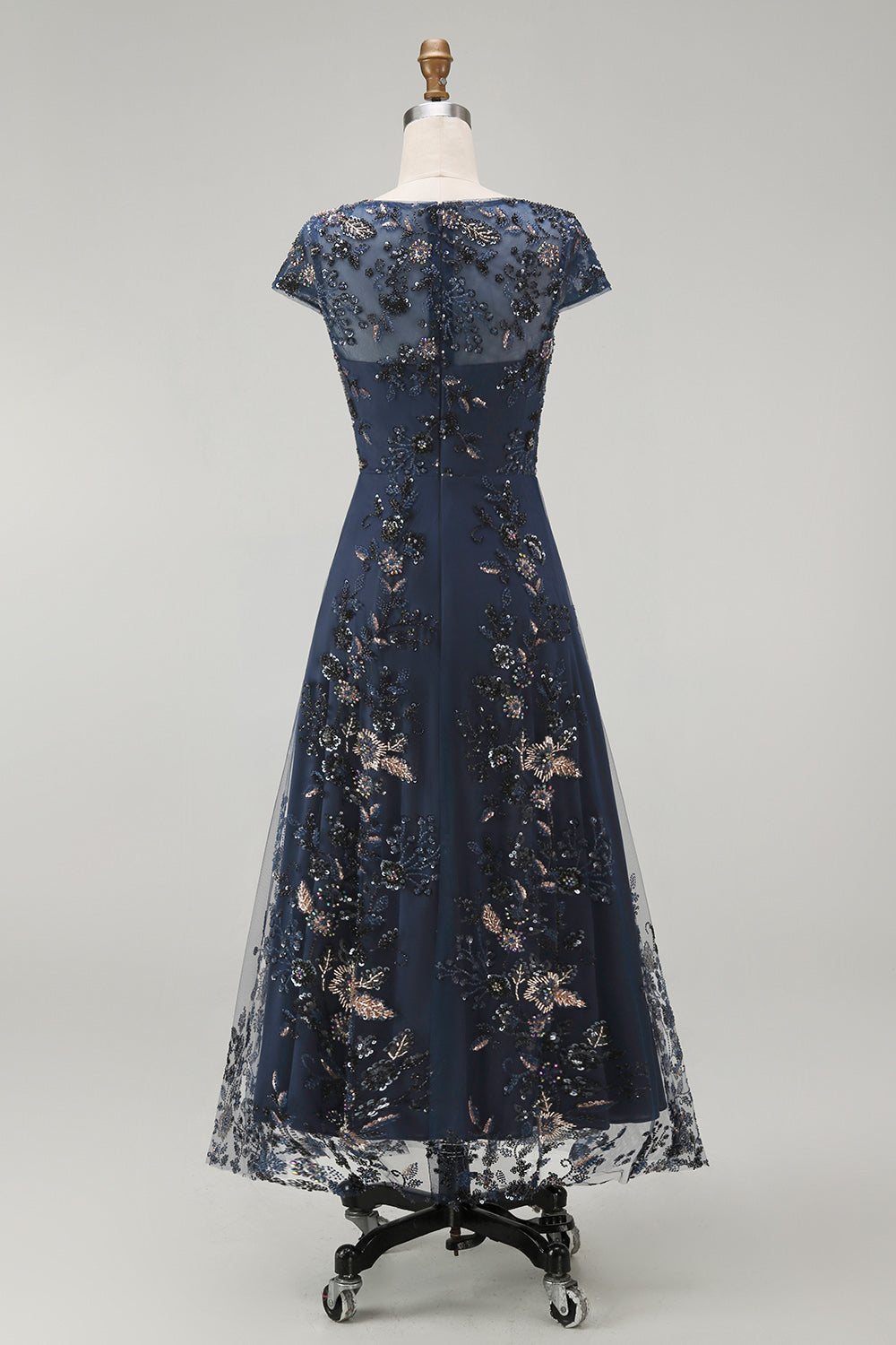 Sparkly Navy Midi A Line Boat Neck Floral Mother of the Bride Dress