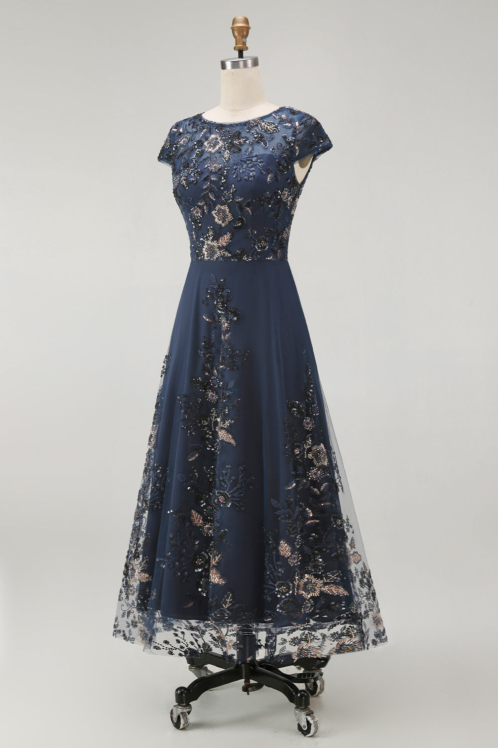 Sparkly Navy Midi A Line Boat Neck Floral Mother of the Bride Dress