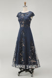 Sparkly Navy Midi A Line Boat Neck Floral Mother of the Bride Dress