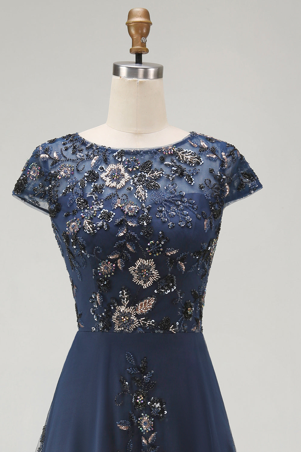 Sparkly Navy Midi A Line Boat Neck Floral Mother of the Bride Dress