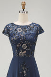 Sparkly Navy Midi A Line Boat Neck Floral Mother of the Bride Dress