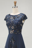 Sparkly Navy Midi A Line Boat Neck Floral Mother of the Bride Dress