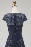 Sparkly Navy Midi A Line Boat Neck Floral Mother of the Bride Dress