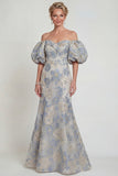 Dusty Blue Long Mermaid Floral Off the Shoulder Mother of the Bride Dress