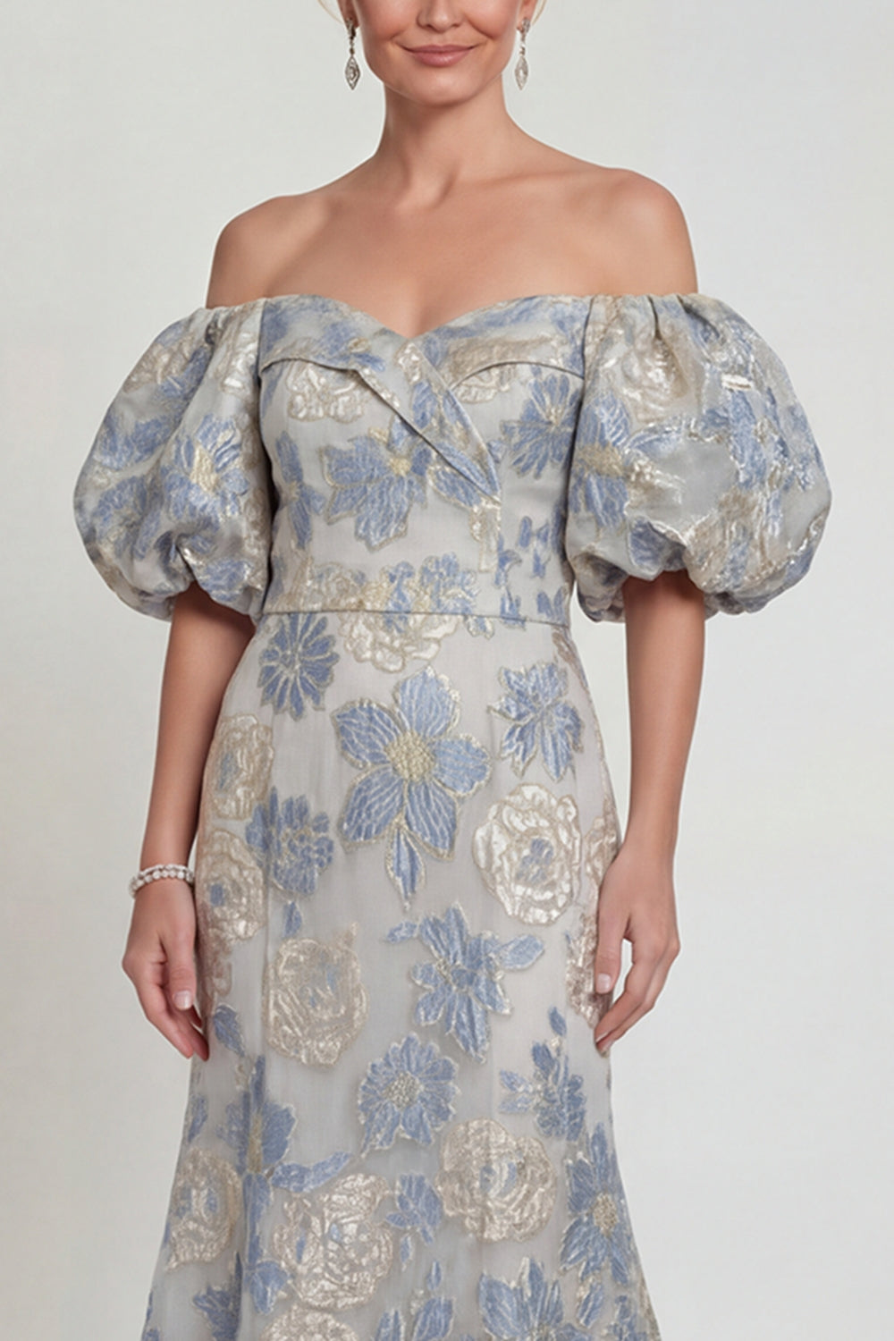 Dusty Blue Long Mermaid Floral Off the Shoulder Mother of the Bride Dress