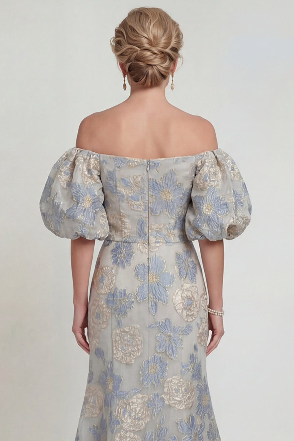 Dusty Blue Long Mermaid Floral Off the Shoulder Mother of the Bride Dress