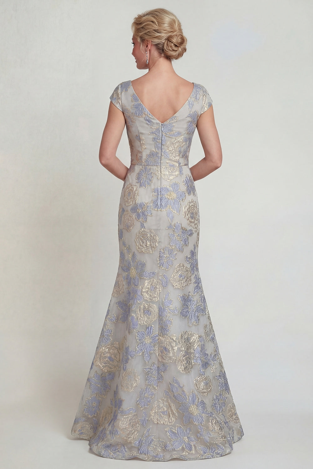 Dusty Blue Cap Sleeves Long Mermaid Floral Mother of the Bride Dress