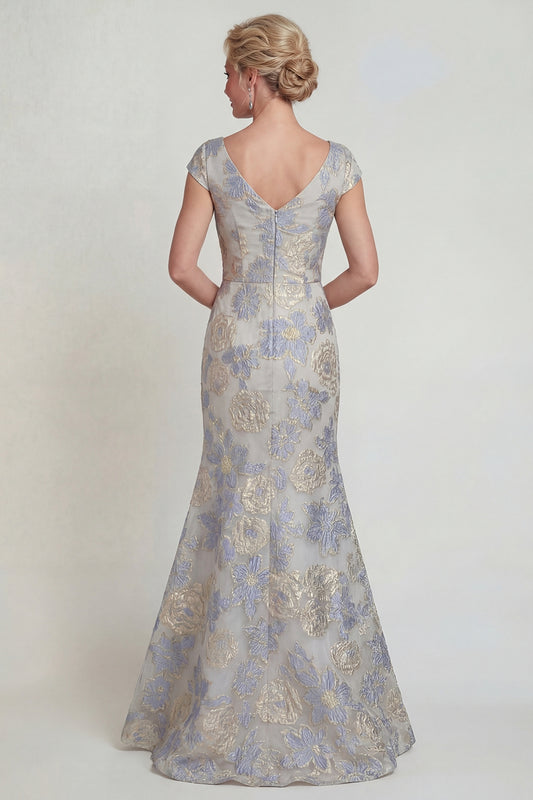 Dusty Blue Cap Sleeves Long Mermaid Floral Mother of the Bride Dress