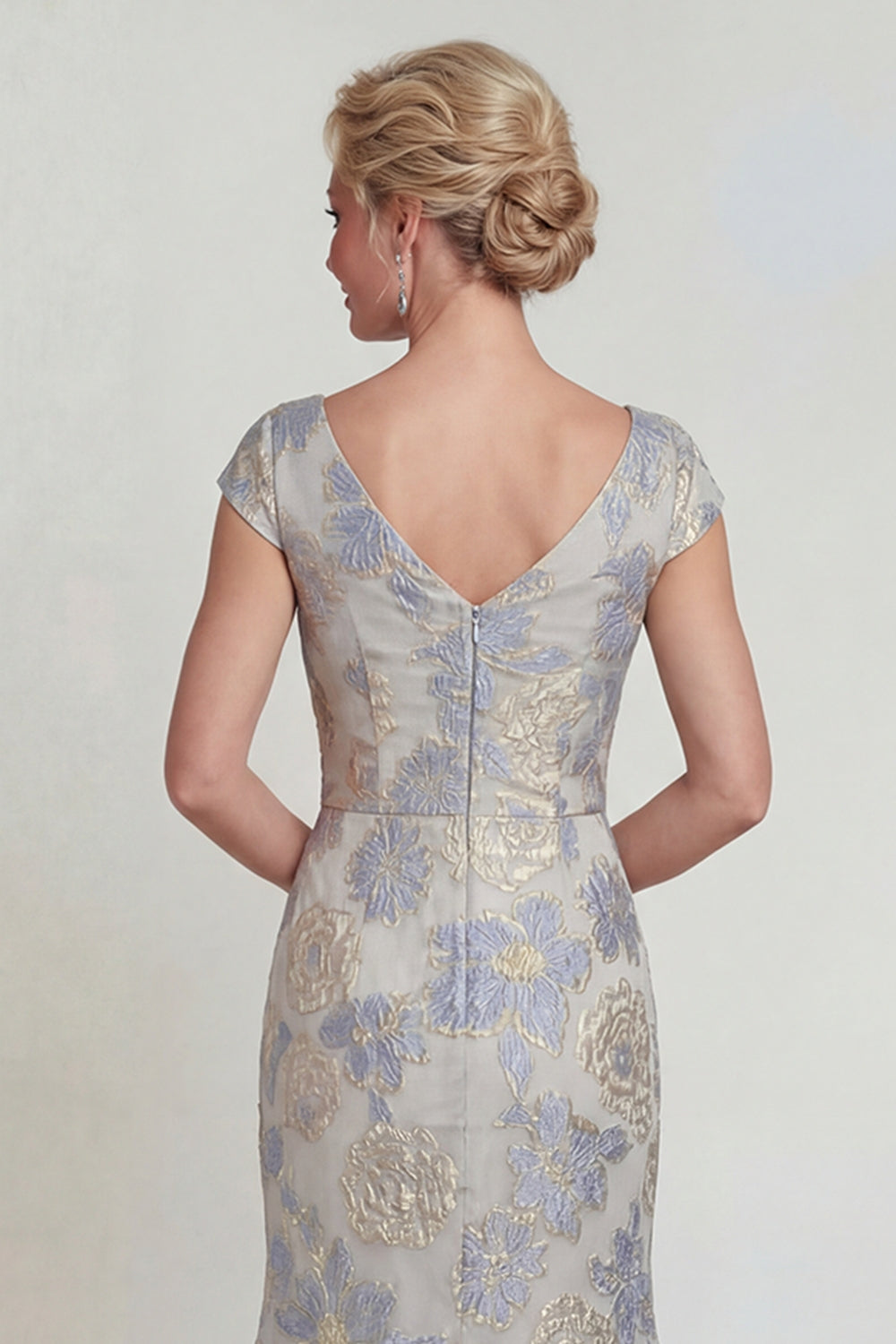 Dusty Blue Cap Sleeves Long Mermaid Floral Mother of the Bride Dress