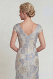 Dusty Blue Cap Sleeves Long Mermaid Floral Mother of the Bride Dress