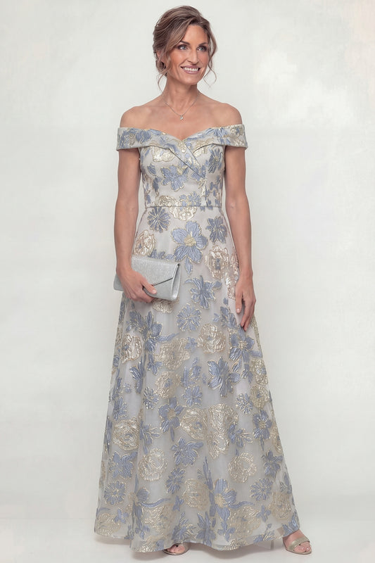 Dusty Blue Off the Shoulder Floral A Line Long Mother of the Bride Dress