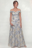 Dusty Blue Off the Shoulder Floral A Line Long Mother of the Bride Dress