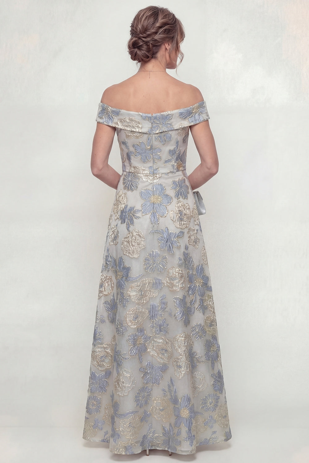 Dusty Blue Off the Shoulder Floral A Line Long Mother of the Bride Dress